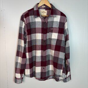 Hollister Flannel Shirt Medium Burgundy Plaid Long Sleeve Button-Up Cotton Men's